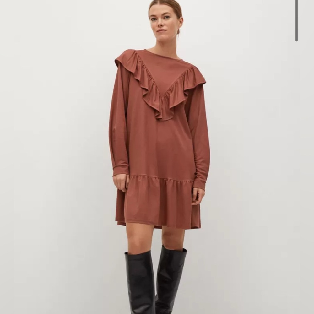 Mango - Ruffled Drop Waist - Rust Red / Maroon Dress - Picture 10 of 10